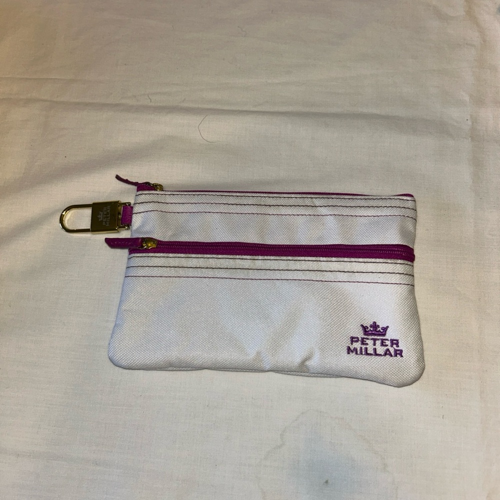 Peter Millar White and Purple Zipper Pouch W/Gold tone key ring 7.5”x 5”…
